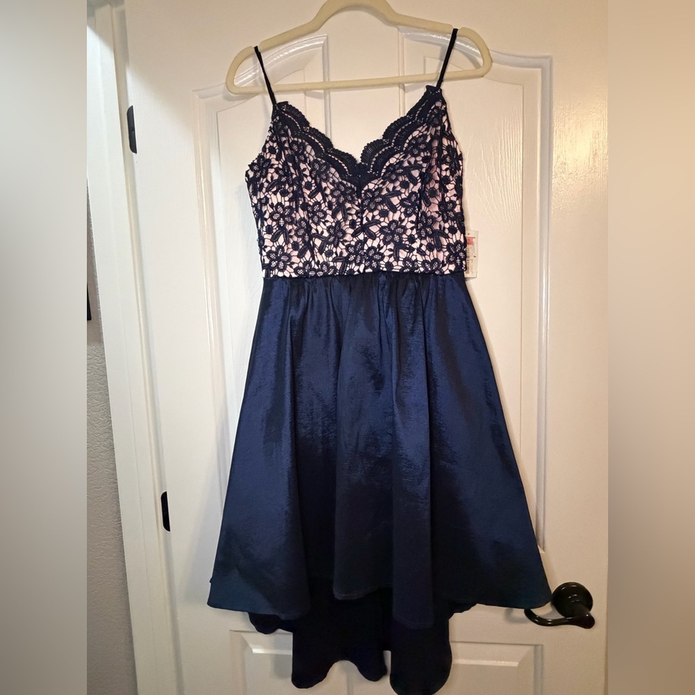 Navy and Blush Lace High-Low Party Dress